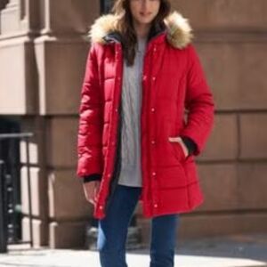 New $229 TOMMY HILFIGER Women's Red Fur-Trimmed Down Hooded Parka Jacket XXL NWT